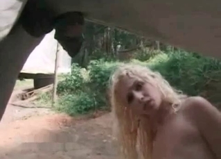 Blonde swallows some horse sperm