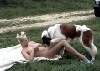Busty babe loves outdoor bestiality