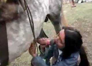 Young girl and horny stallion