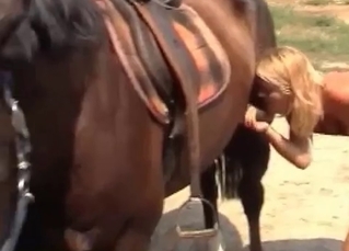 Blonde is blowing a horse cock