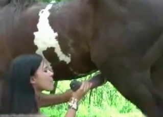 Horse cums in her wide mouth