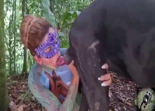 With a wet cunt, she lets this dog fuck her