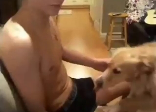 Horny dude feeds his dick to a dog