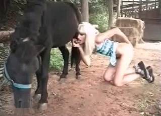 Bleached babe blows a horse